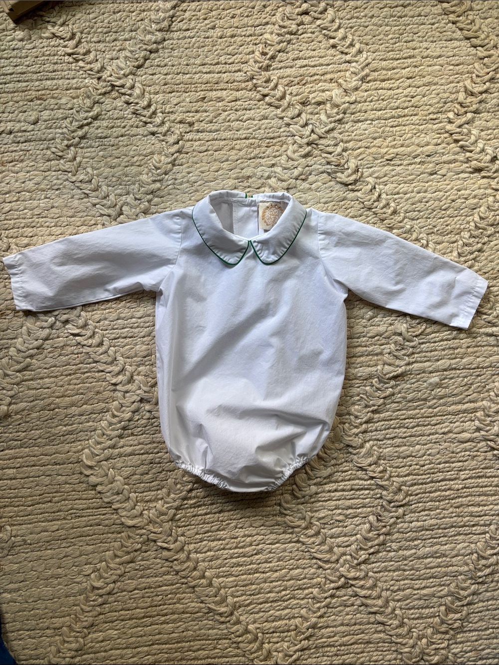 The Beaufort Bonnet Company White Peter Pan Collar onesie bubble with Green Trim